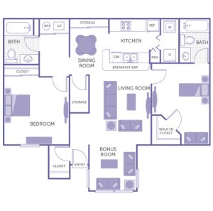 2 bed 2 bath floor plan, kitchen, dining room, living room, bonus room, 1 walk-in closet, 2 closets, 2 storage closets, washer and dryer in unit